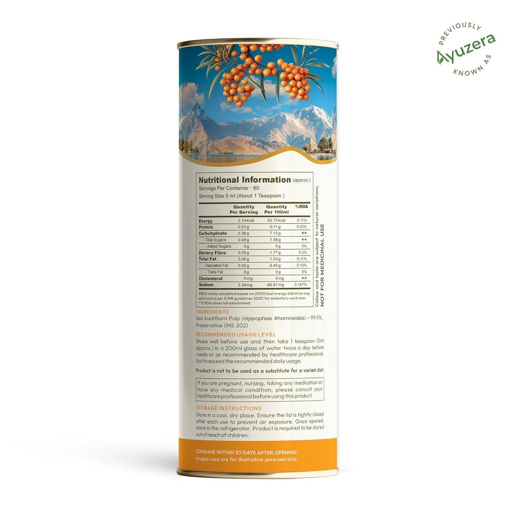 Ayuzera Koncentrat z Miąższu Rokitnika Zwykłego z Himalajów 300ml Tłoczony na Zimno Naturalna Witamina C Antyoksydanty Kwasy Tłuszczowe Omega Sok