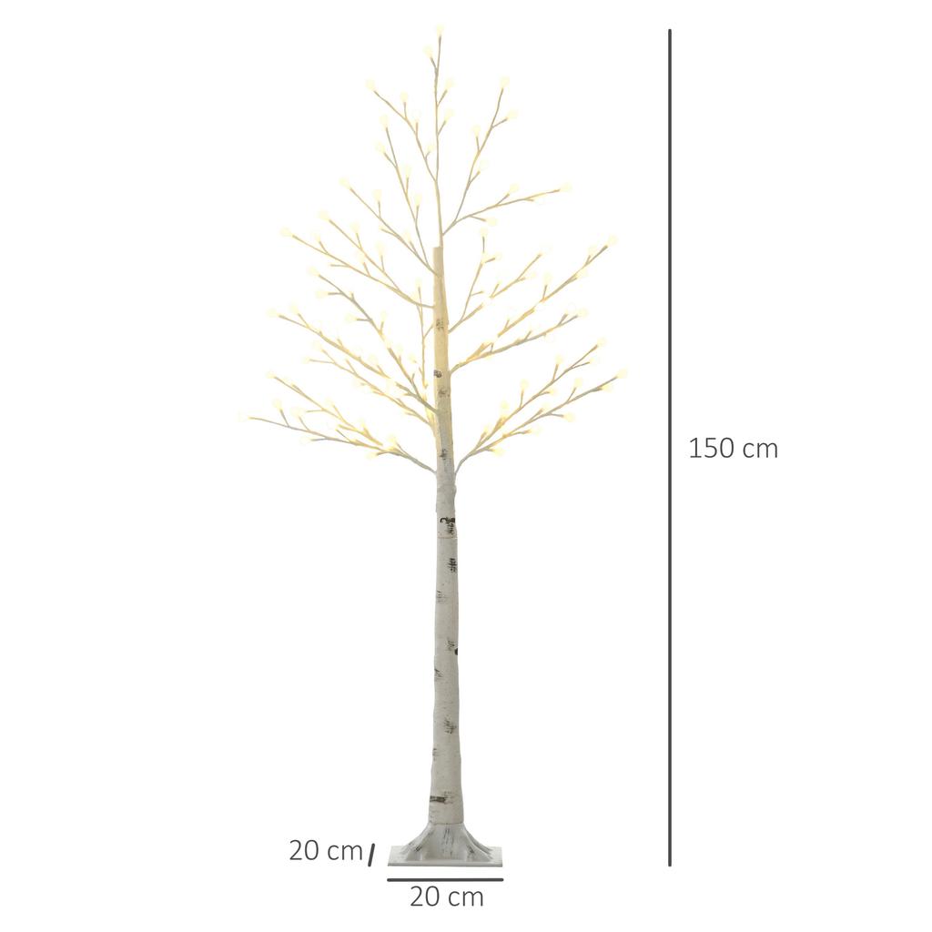 Artificial Birch with 120 LED Lights, 3 Brightness Levels, Foldable Branches, IP44, 150 Cm, White