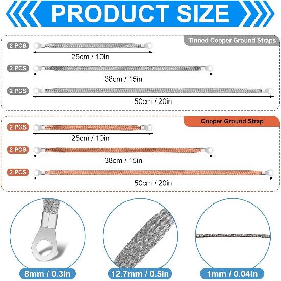 12 Pcs Universal Automotive Ground Straps, 10/15/20 Inch Engine Ground Strap Kit With Ring Terminals, Braided Copper Tinned Copper Engine Grounding