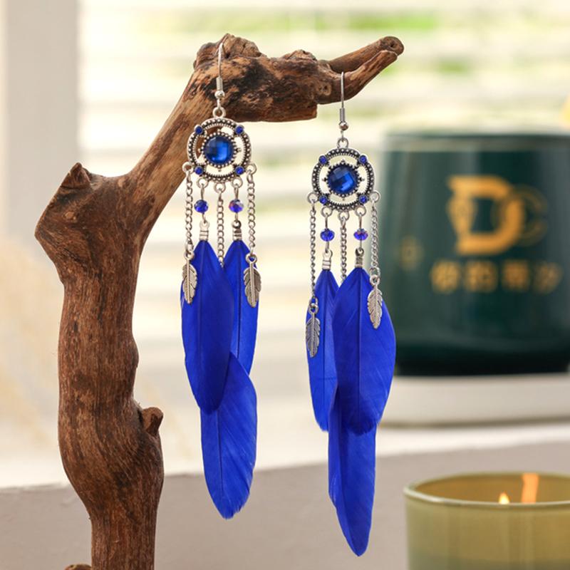 New Vintage Round Rhinestone Feather Earrings for Women Ethnic Elegant Long Drop Earring Wedding Vacation Female Jewelry