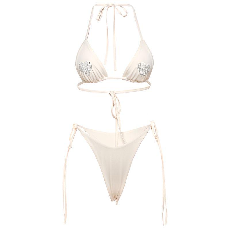 

# Sisjuly# Colorful Summer Holiday Style Solid Love Hot Drilling Rope Hanging Neck Three-Point Split Swimsuit Women Apricot L