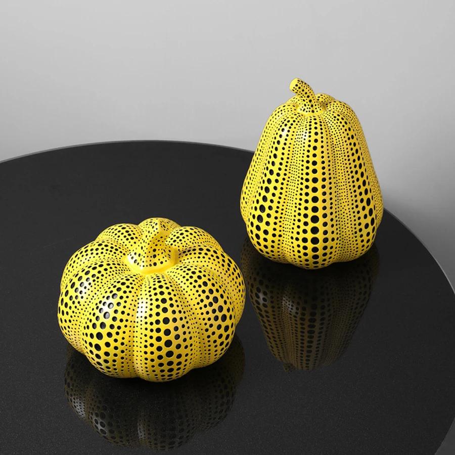 Yellow Dots Animal Owl Pumpkin Bird Statues Ornament Home Room Sculpture Cute Fall Harvest Desktop Decoration Figurine