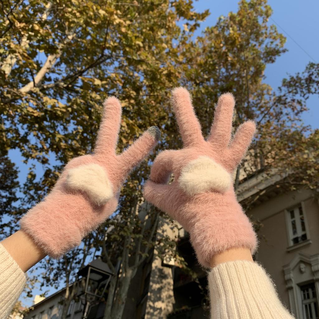 Plus Velvet Warm Touch Screen Gloves for Sweet Girls Korean Style Cute Knitted Wool Split Finger Cycling for Cold Proof Students