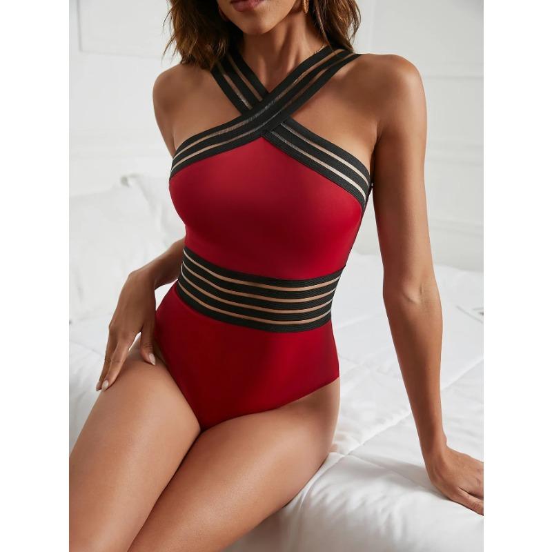 2025 Women One Piece Swimsuit Sexy  Mesh Splicing Swimwear Push Up Bathing Suits Solid Halter Female Beachwear Monokini Bodysuit