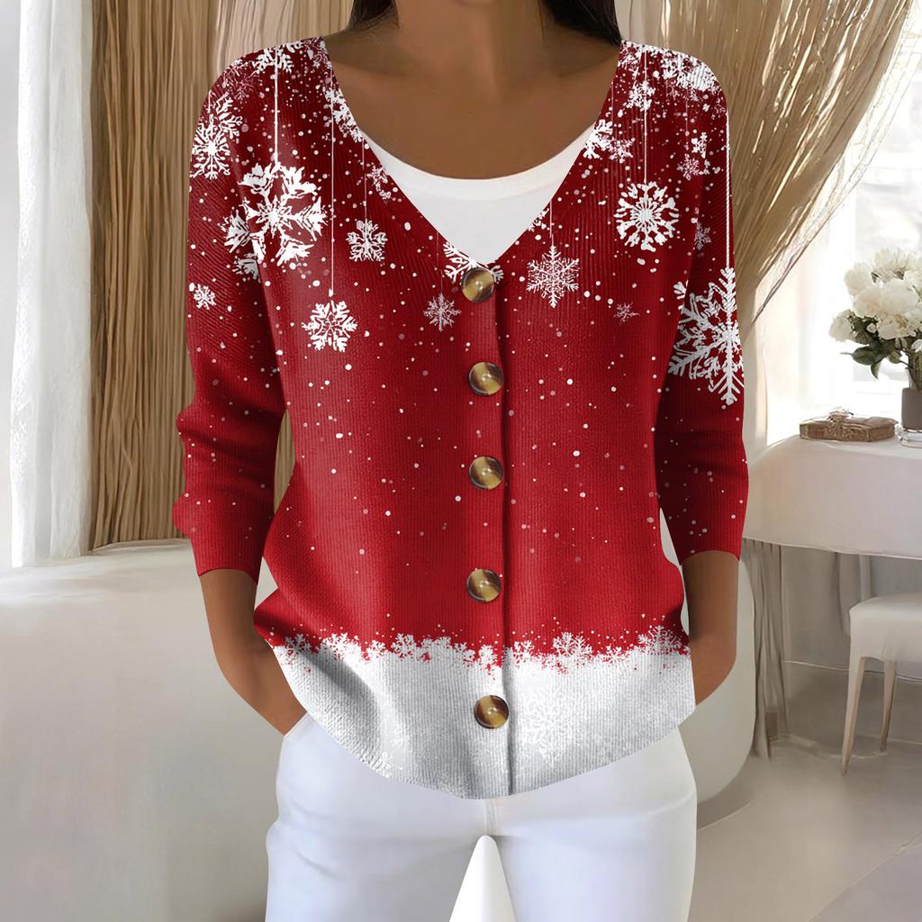 Women's Fashion Long Sleeve Christmas Snowman Snowflake Print Jacket Cardigan