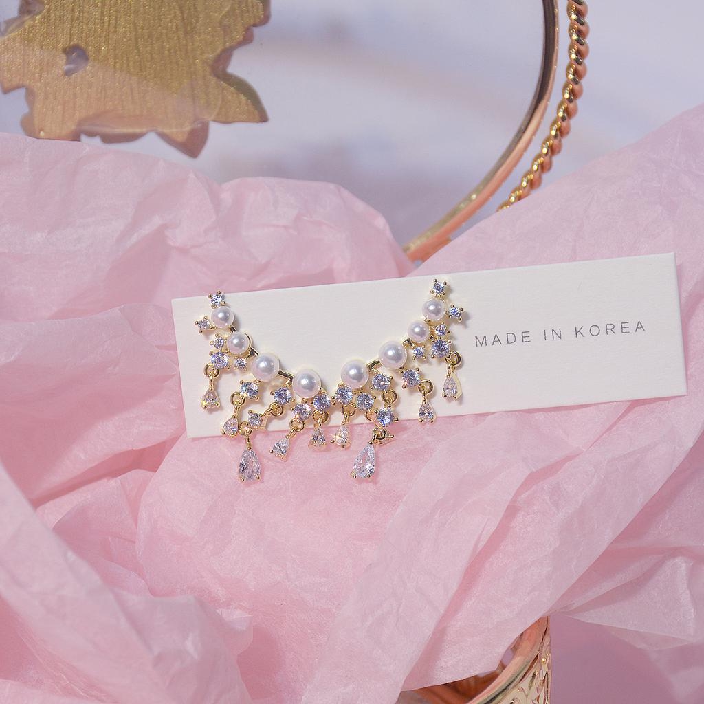 Corea Vendita Gioielli di Moda 14K Oro Vero Zircone Orecchini pendenti Eleganti Perla da Donna per Festa di Ballo