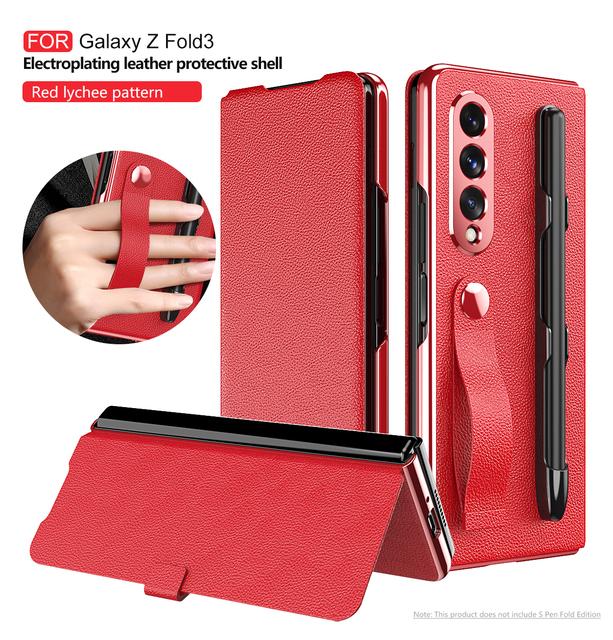 

Покрытие зеркала для Samsung Galaxy Z Fold 3 Чехол Кронштейн Слот для ручки Откидная защитная крышка для книги Artificial leather красный