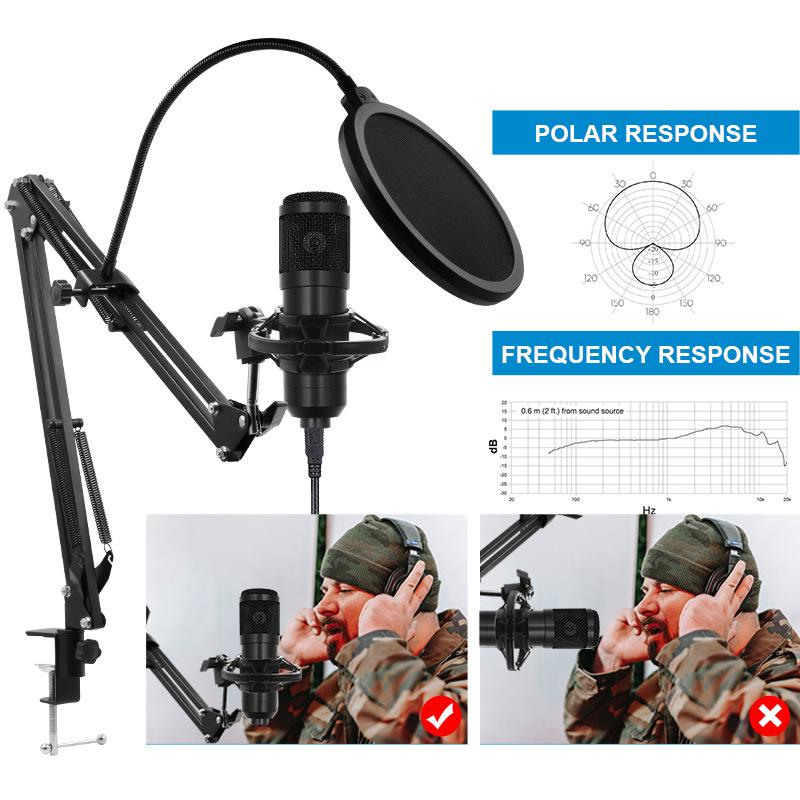 BM800 Condenser Microphone Set with V8 Sound Card, Boom Arm, and USB for Live Streaming and Mobile Use.