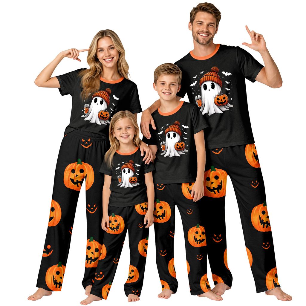 Family Matching Halloween Printed Cotton Loungewear Set with Short Sleeve Top and Pants for Women and Kids