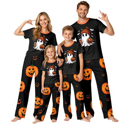 Family Matching Halloween Printed Cotton Loungewear Set with Short Sleeve Top and Pants for Women and Kids