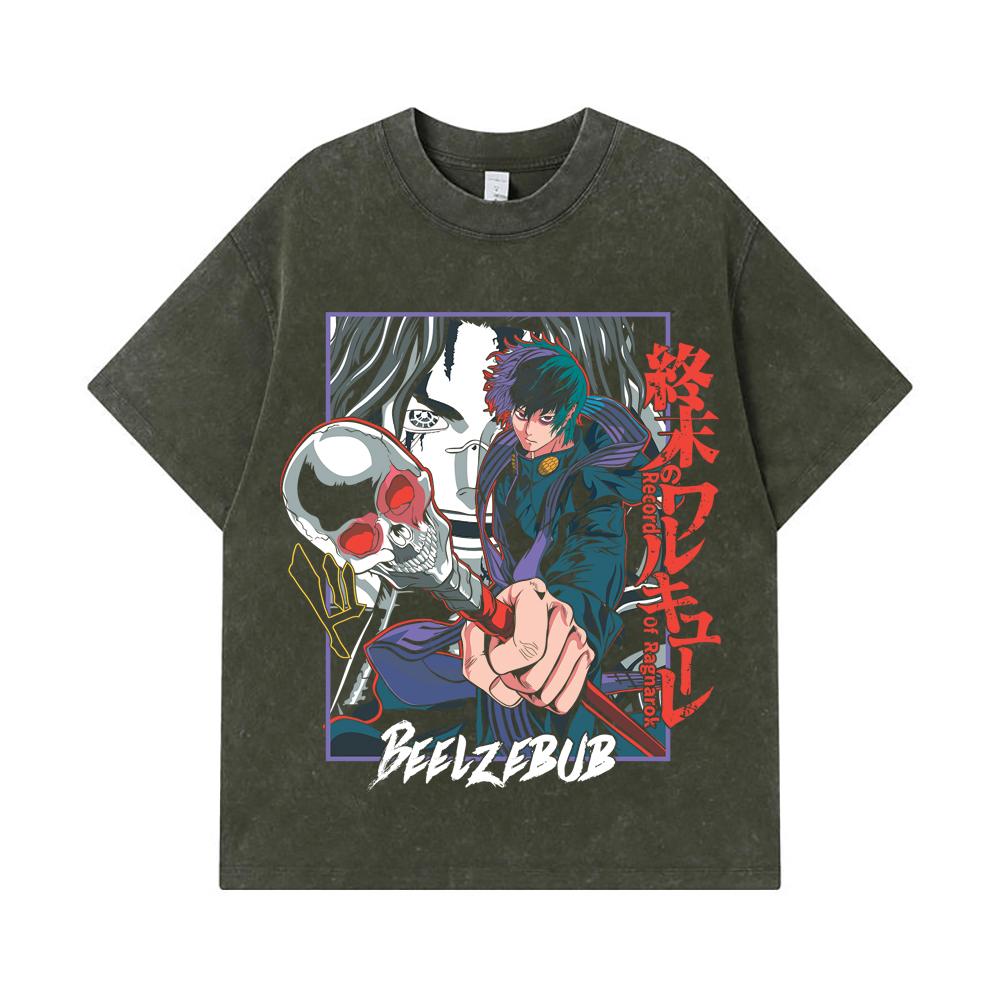 

275 GSM Washed T-shirts 100% Cotton Record of Ragnarok V4 Beelzebub Print Unisex Heavy Cotton T Shirt S армия зеленый