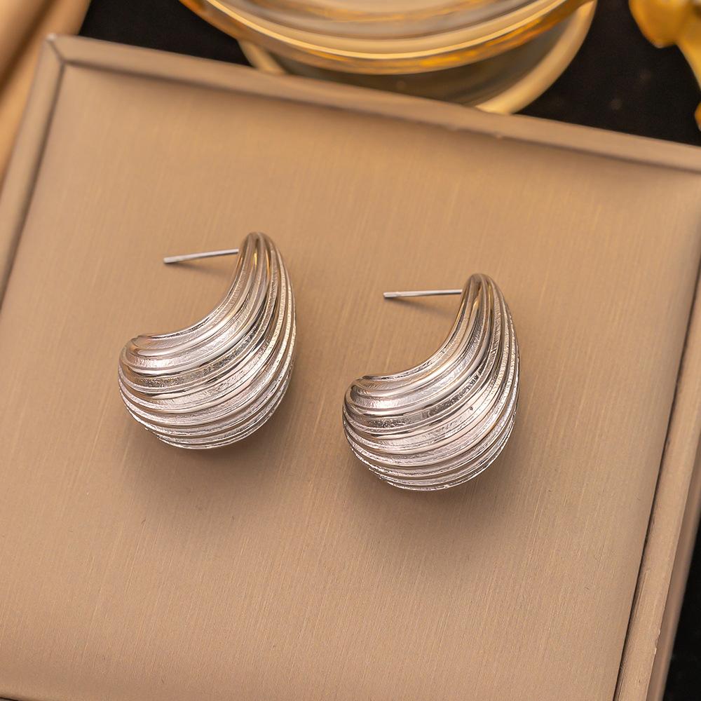 Stainless Steel Stripe Water Drop Stud Earrings For Women Fashion All Match Earrings Jewelry Accessory