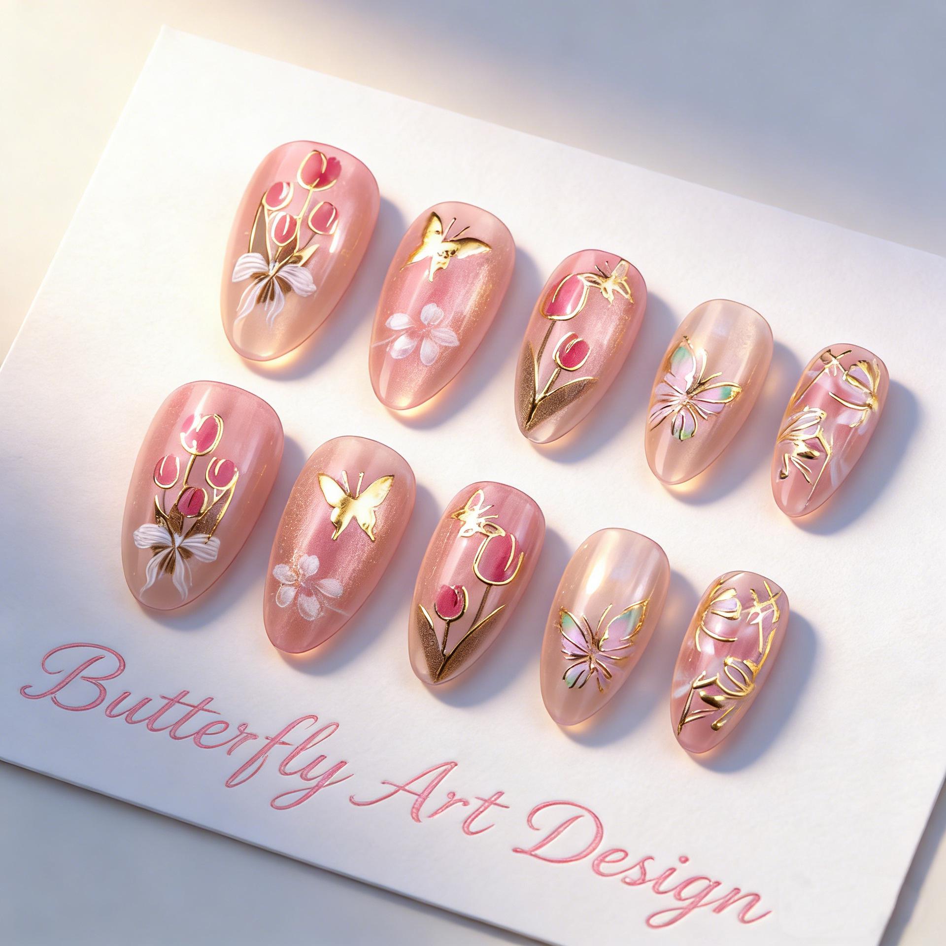 24pcs Cat Eye Almond Blush Nails with Gilded Tips & Floral Bow Design