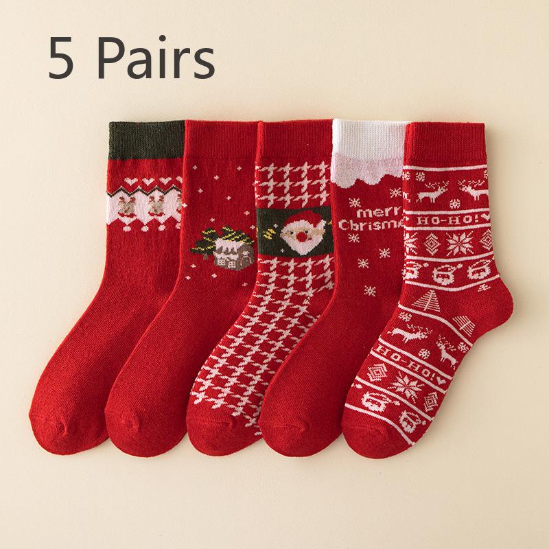 

5 пар женских осенне-зимних толстых теплых новогодних красных гольфов 5 pairs