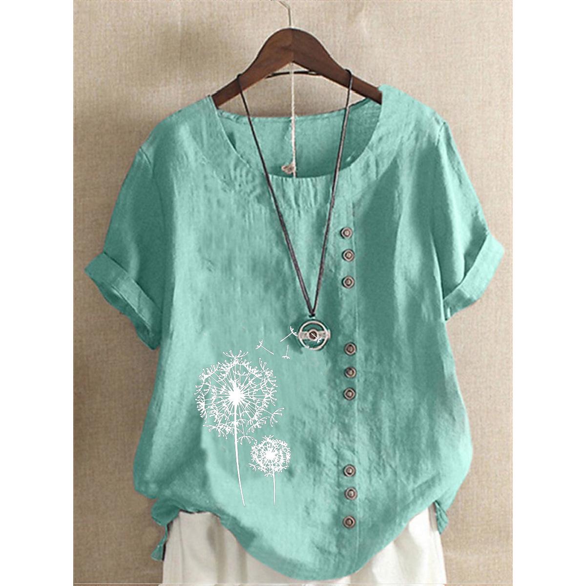 

Женский топ с коротким рукавом из хлопка и льна с принтом, повседневный, с круглым вырезом 5XL