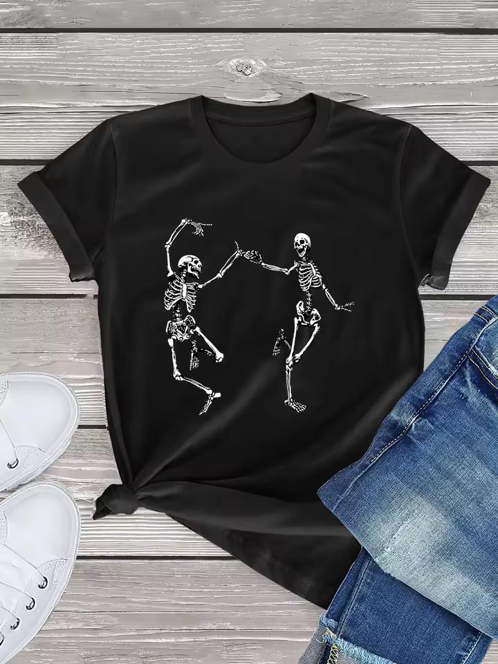 Womens Y2K Dancing Skeletons Print Graphic T shirt Casual Short Sleeve Top Spring Summer Loose Casual Clothing