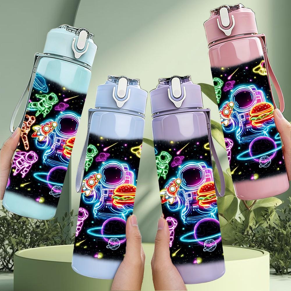1PC Neon Glow Abstract Graffiti Print 750ml Color Plastic Sports Water Bottle Leakproof Flip Straw Lid Suitable for Sports Office Home Use