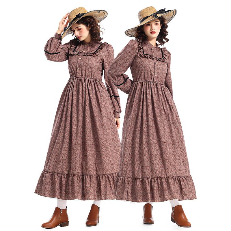 Prärie Kolonialkleid Braun Floral Vintage Halloween Kostüm Pionier Viktorianisch Mittelalter Kostüm Historisches Renaissance Kleid
