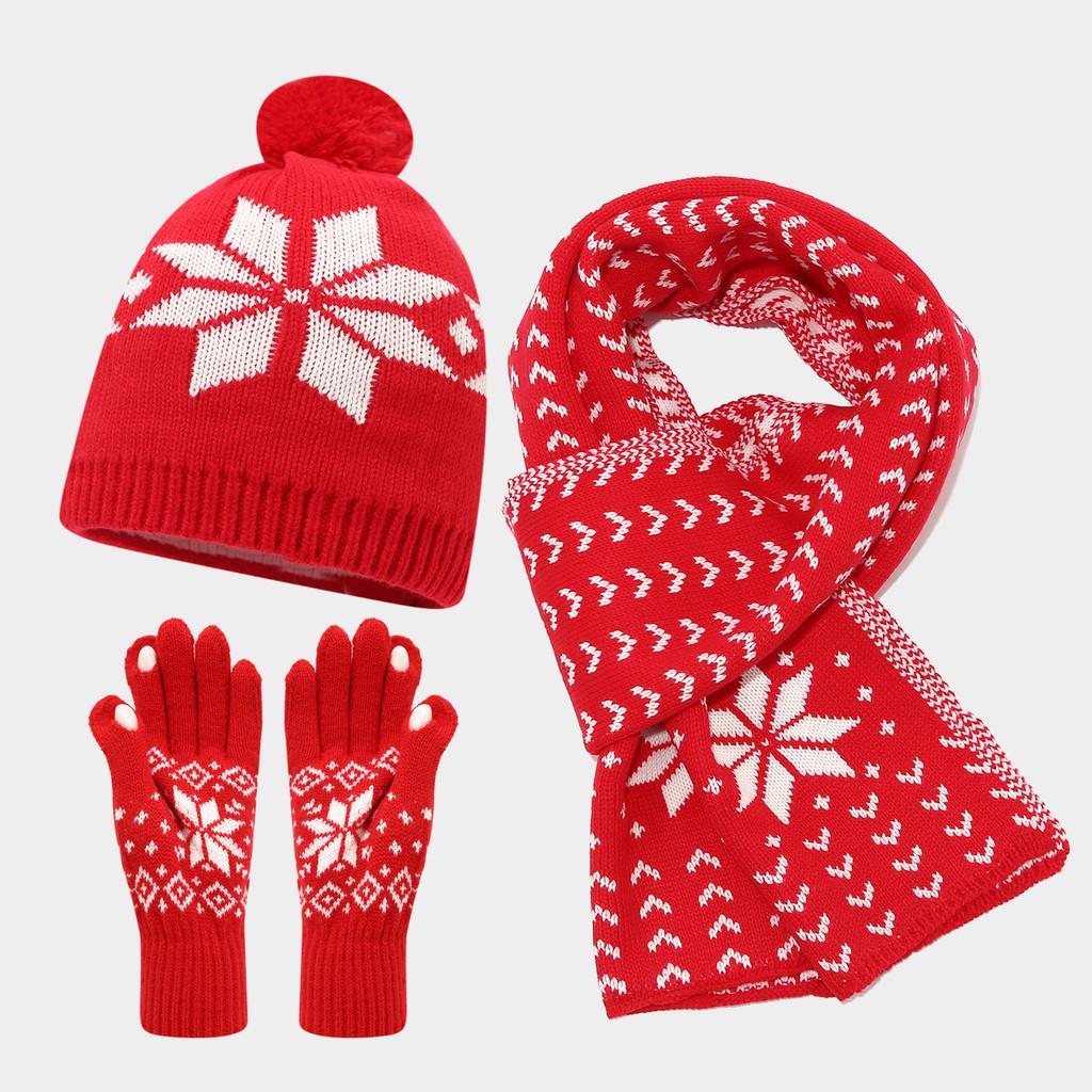 Festive Deer Knit Hat Scarf Gloves Set With Wool Blend For Winter Warmth And Holiday Wear Snowflake Red