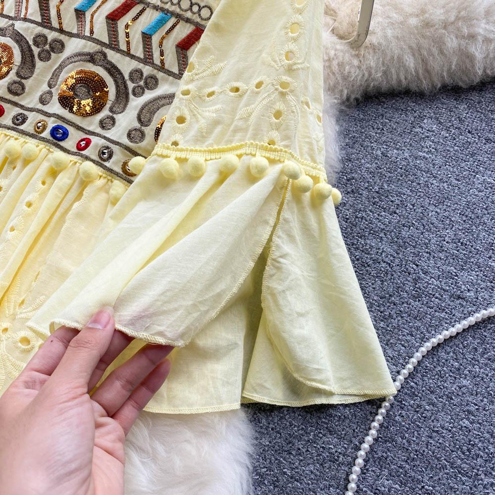 RUGOD French Retro Ethnic Embroidered Round Neck Flared Sleeve Dress Women's Loose Temperament All-match A-line Long Dress
