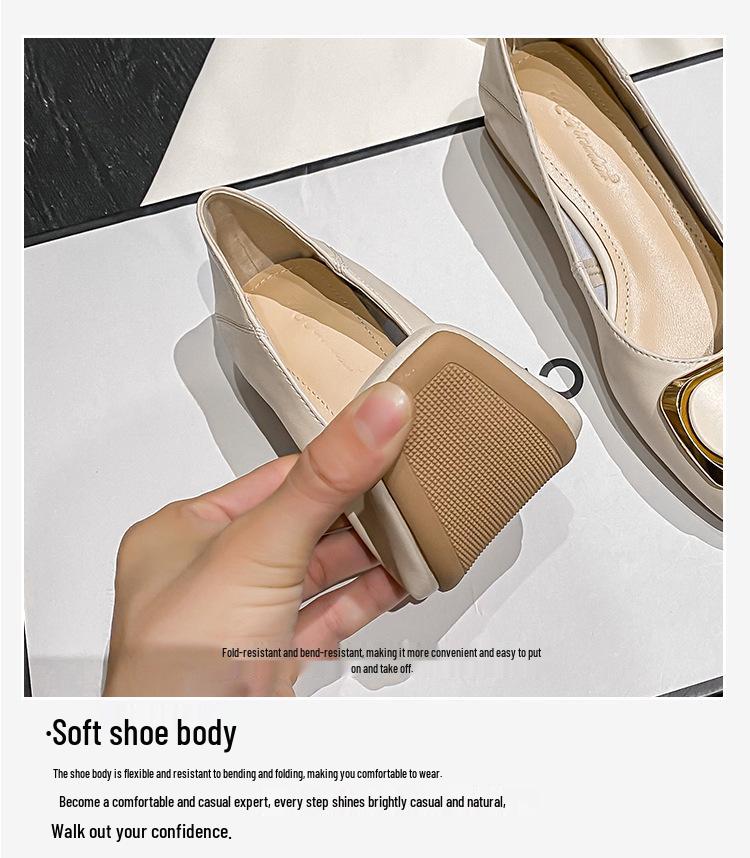 Womens Spring Fairy Style 2025 Chunky Heel Leather Shoes Soft Lowcut Medium Heel Plus Sizes 4143
