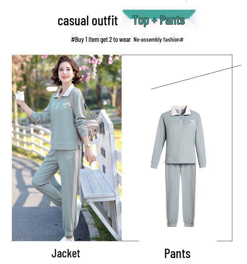 Freizeit-Sportbekleidung für Damen für Frühling & Herbst: Stilvolles, lockeres Zweiteiler-Set mit langen Ärmeln für die mittlere und ältere Generation