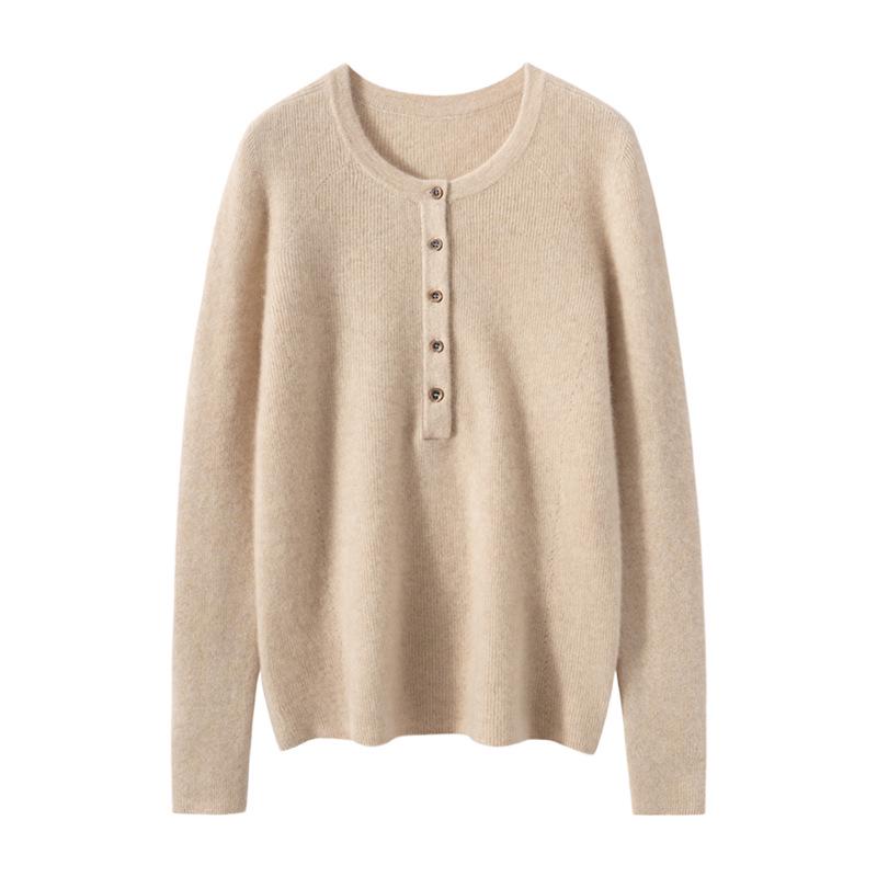 New Cashmere Wool Round Neck Single-Breasted Sweater - Versatile Loose Fit for Autumn/Winter