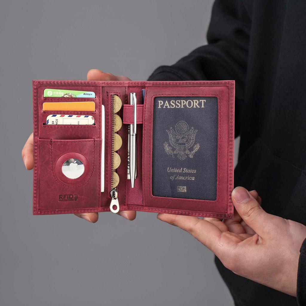 CONTACT'S Genuine Leather Travel Wallet with Passport Holder RFID Blocking Business Credit Card Holder Anti-lost Purse