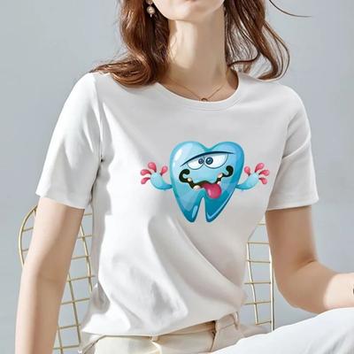 T-shirt Mignon Motif Dents Style Harajuku Basique Manches Courtes Col Rond Mode Décontracté Vêtements de Sport Été T-shirts Graphiques pour Femmes