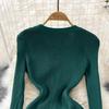 Spring Autumn V-neck Solid Knitted Sweater Dresses Women Single Breasted Full Sleeve Slim Bodycon Dress
