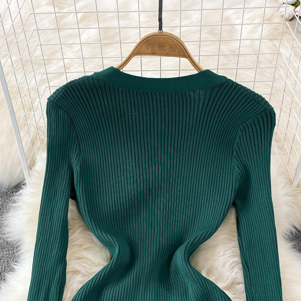 Spring Autumn V-neck Solid Knitted Sweater Dresses Women Single Breasted Full Sleeve Slim Bodycon Dress