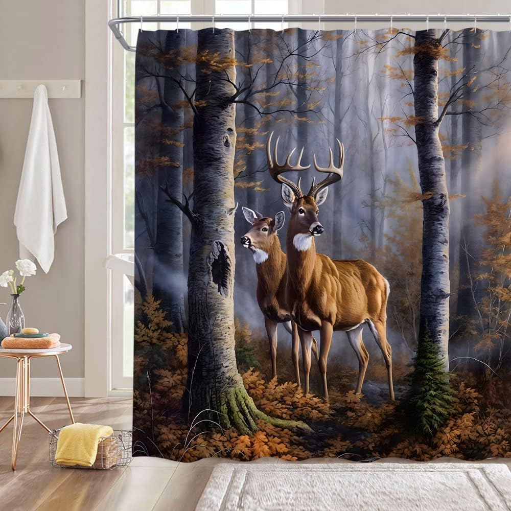 

Deer Forest Shower Curtain Cabin Rustic Wild Animal Deer Elk Moose Birch Tree Forest Lodge Hunting Camping Vintage Farmhouse W60H190(CM)-1 Pcs