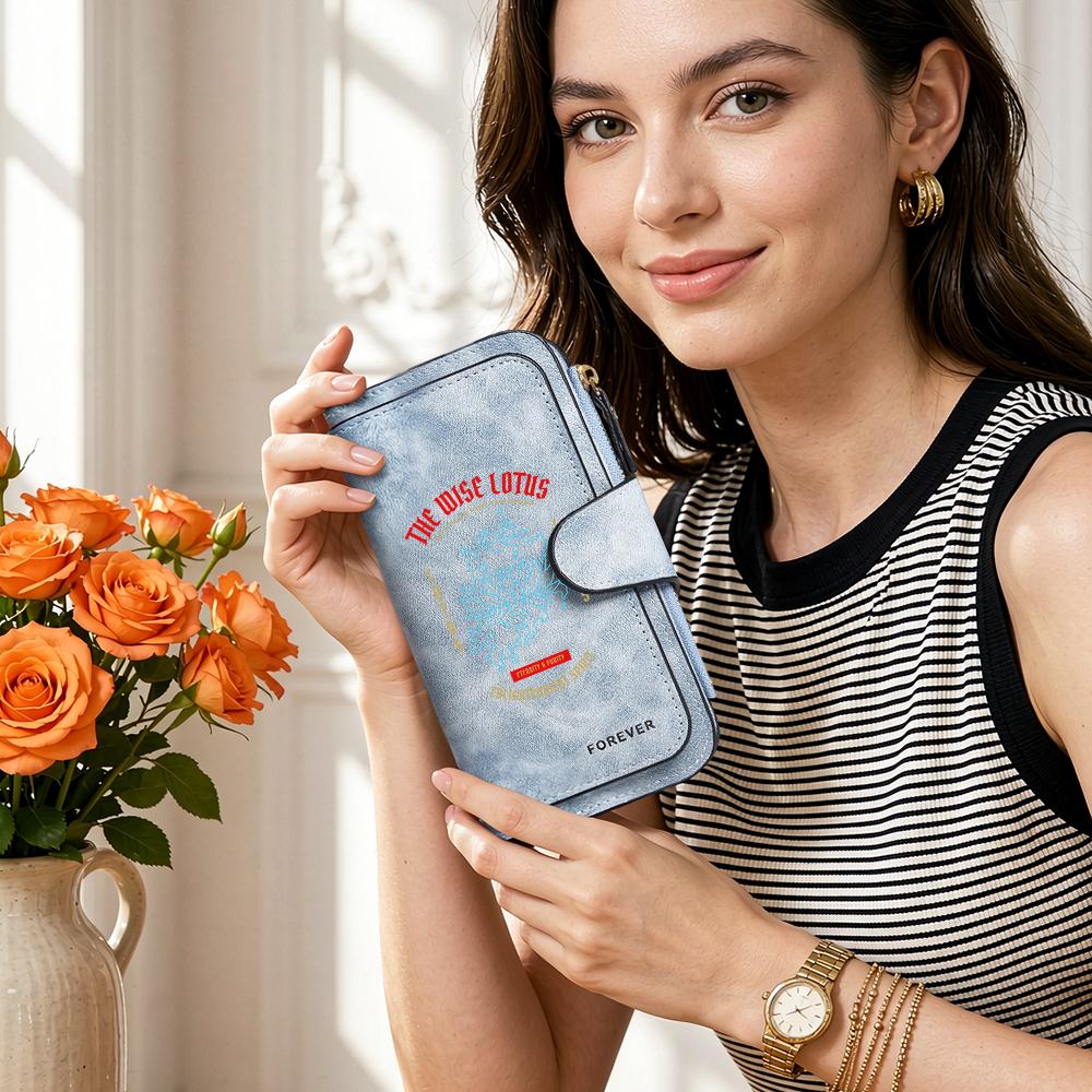 Vintage Long Wallet Lotus Pattern Multi Card Slot Coin Purse Daily Use Fashion PU Leather Wallet