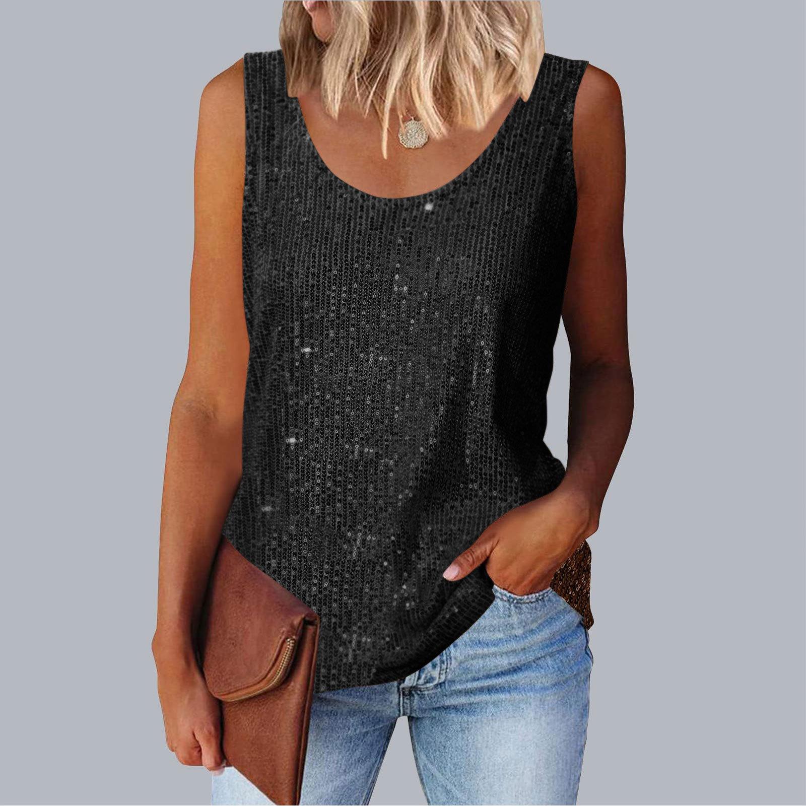 Женские летние блестящие майки-топы, женские, с круглым вырезом, без рукавов, повседневные, свободные, майки, топы S чёрный