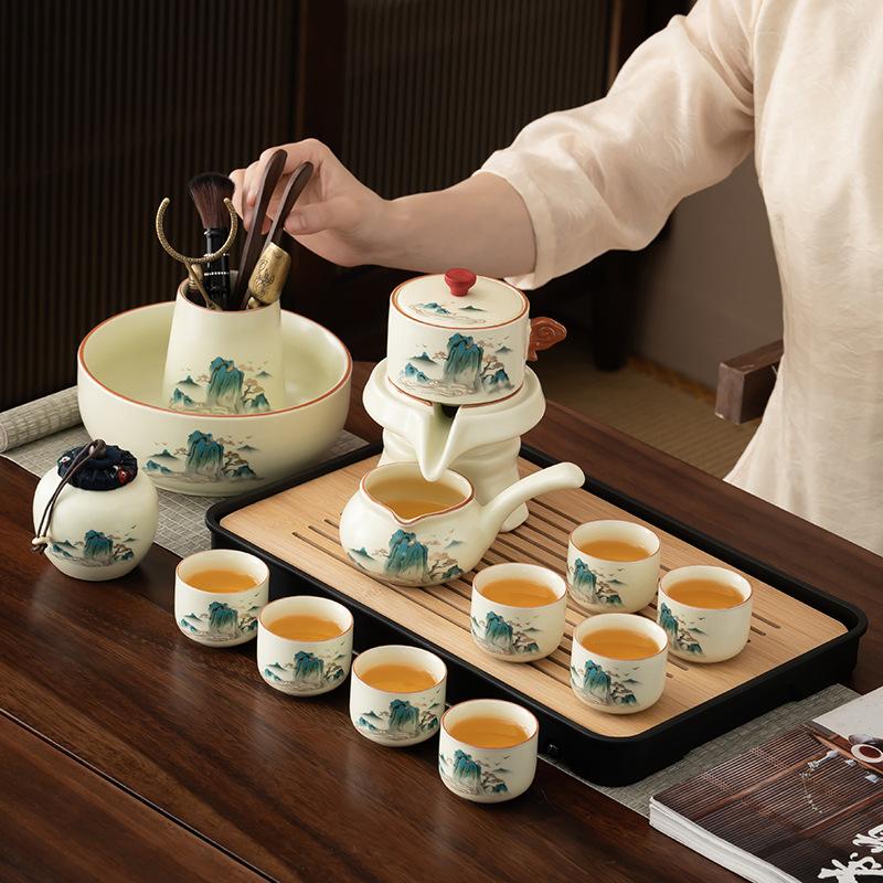 Ru kiln automatic tea set household high-end lazy tea light luxury ceramic stone grinding kung fu teapot teacup tea tray