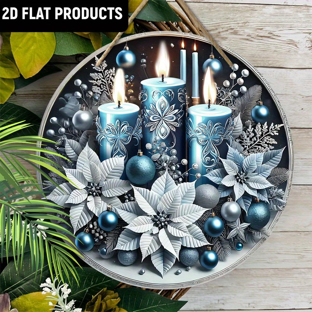 Wooden Charming Blue Candles & Flowers Ornament - for Door, Wall, Home, Room, Farmhouse, Street, Shop, Garage, Bar, Garden, and Coffee House Decor