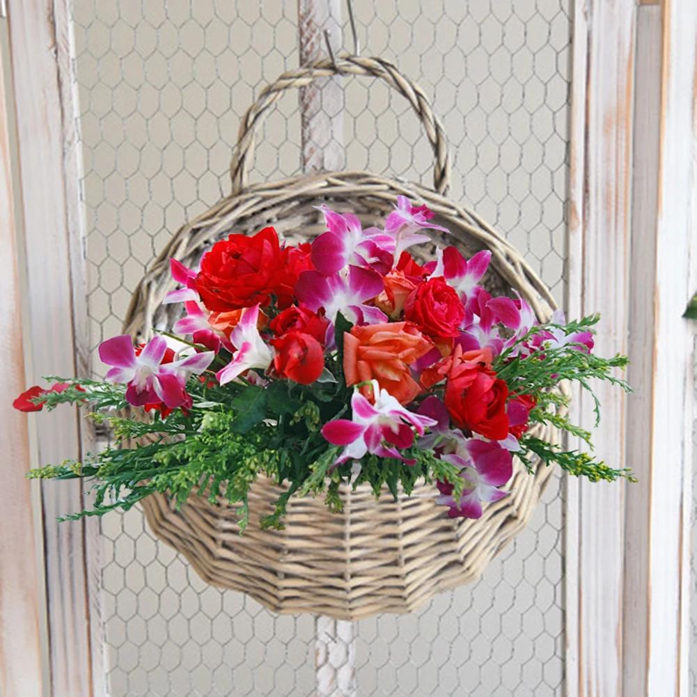 Hand Made Wicker Rattan Flower Planter Wall Hanging Wicker Rattam Basket Garden Vine Pot Plants Holder Garden Pots Home Decor