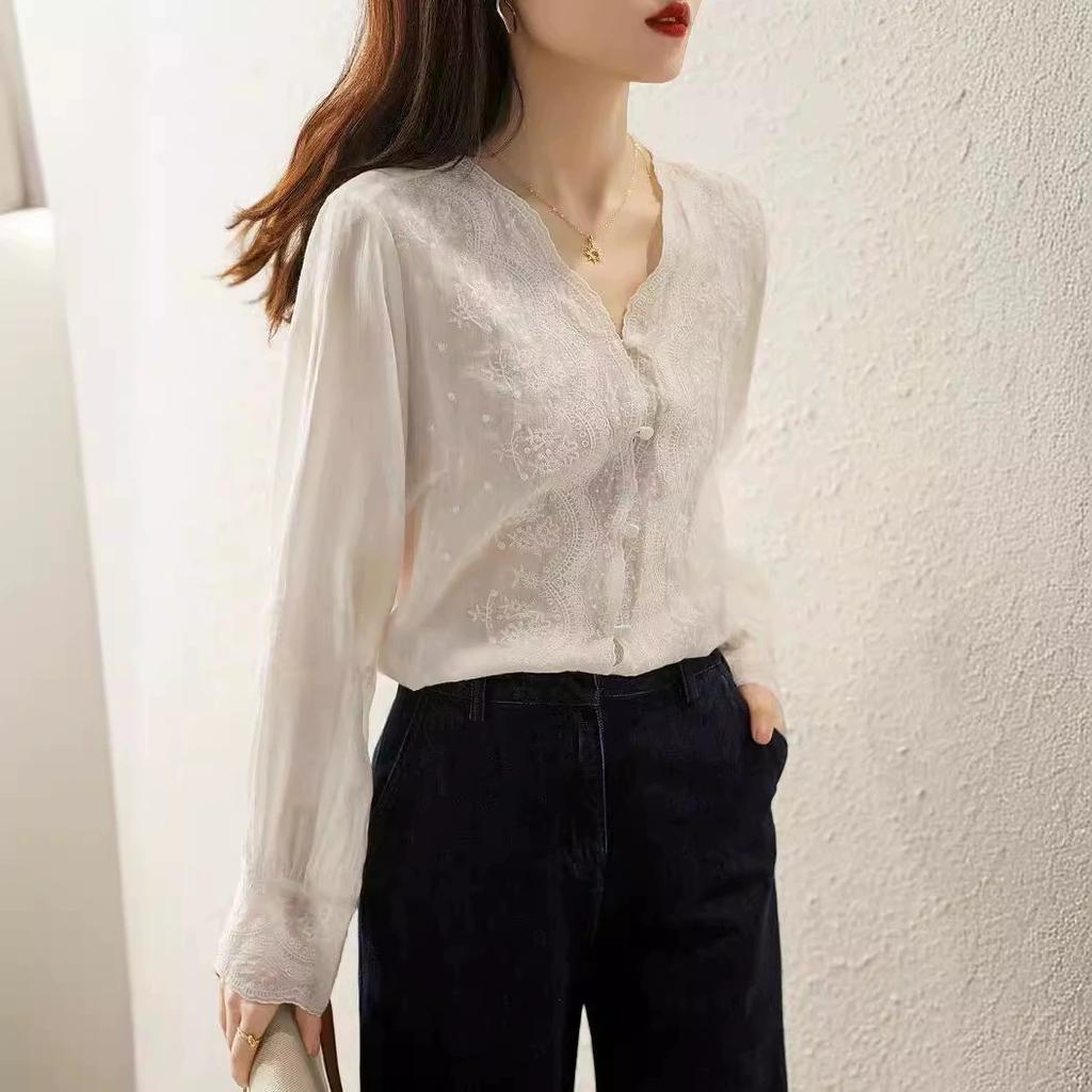 Embroidery Flower Lace Women's Embossed Embroidered Refreshing Ramie Shirt Long Sleeves