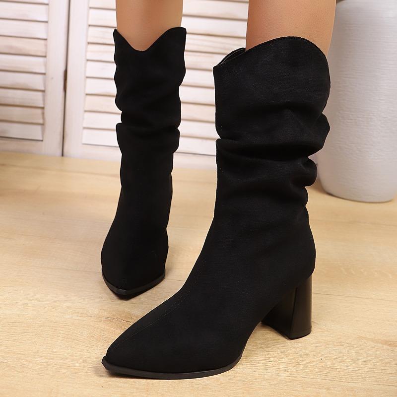 Cizme de modă cu toc înalt cu vârf ascuțit, vintage, 2025 iarnă, noi, mărime plus, lână, cizme medii pentru femei