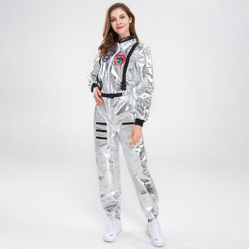 Elegant Silver Female Astronaut Costume For Halloween Featuring Stylish Cosplay Design
