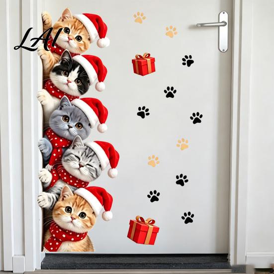Cartoon Kitty Window Graphics Christmas Cat Door Sticker Cute Santa Hat Kittens Wall Decal Self Easy Peel And Stick Murals Adhesive Waterproof