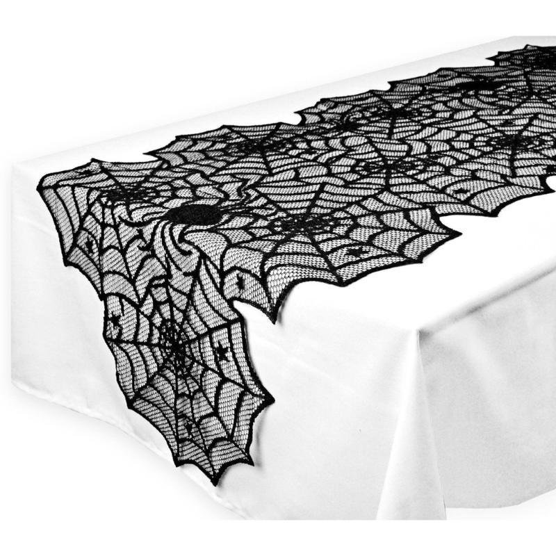 Elegant Black Spiderweb Tablecloth Halloweens Dinner Decoration 180cm Laces Design Indoor Party Decoration Long Polyester