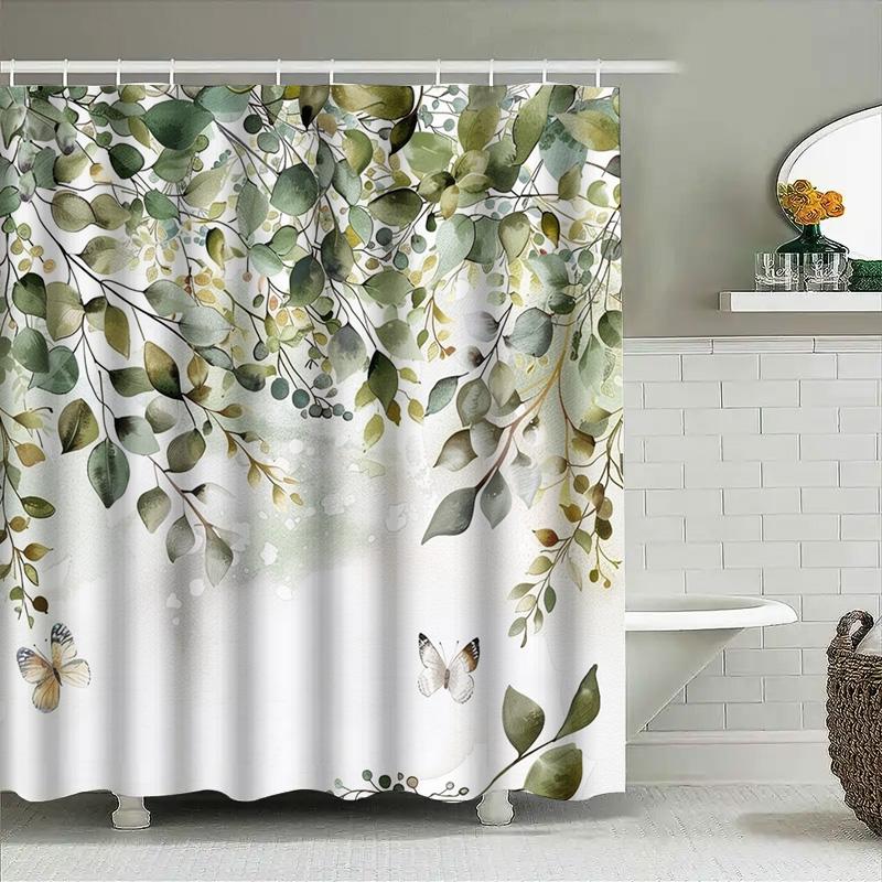 Charming Green Leaves and Butterflies Shower Curtain for Bathroom Decor Eco Friendly Waterproof Fabric with Hooks Enhances