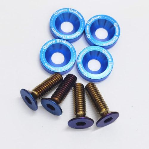 Set of 4 License Plate Bolts for Cars, Exterior Parts, Titanium Burnished Bolts with Aluminum Bolt Washers, Navy Blue Washer