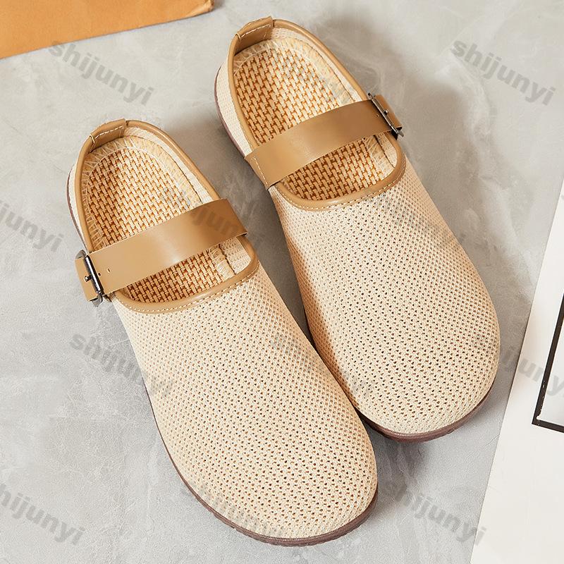 Fashion Women's Fly Weave Mesh Shoes Fashion Buckle Strap Lightweight Comfortable Casual Half Slippers Breathable Mesh Slip On Sandals