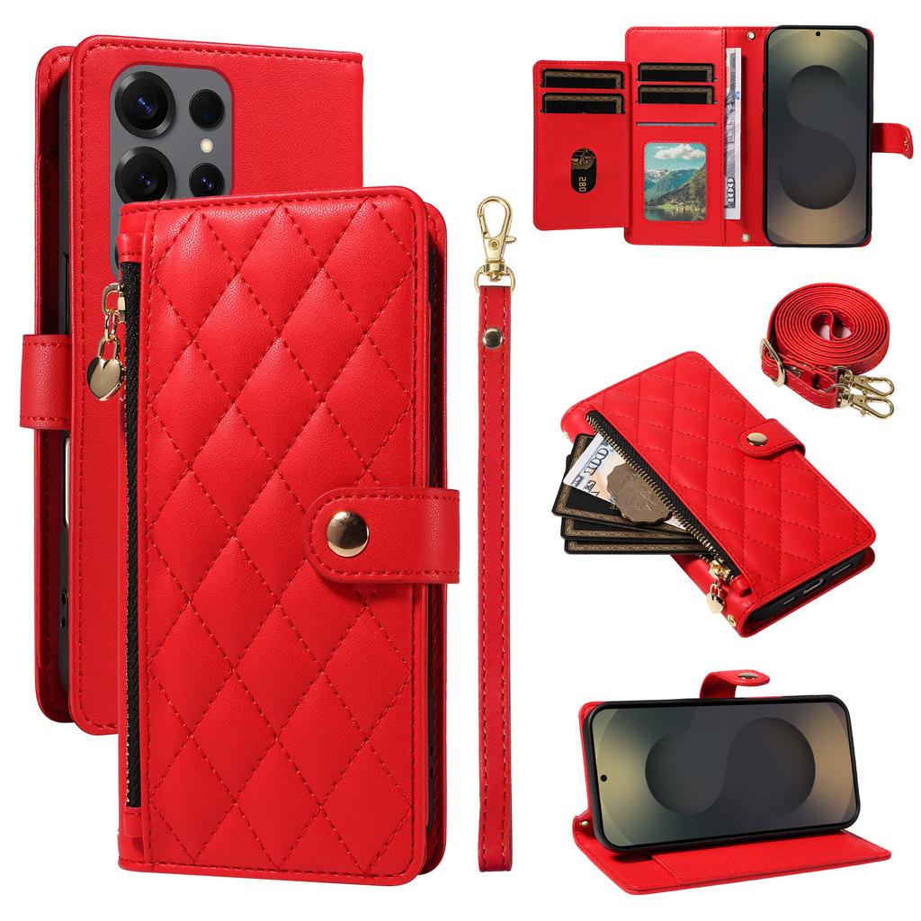 For Samsung Galaxy S25 Ultra Wallet Case with Straps,Rhombus Leather Stand Phone Cover