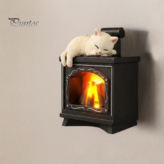 Mini Night Light Magnet Sleeping Cat Fireplace Refrigerator Magnet, LED Light-up Kitten Fridge Magnetic Decoration 3D Decorative for Home Kitchen