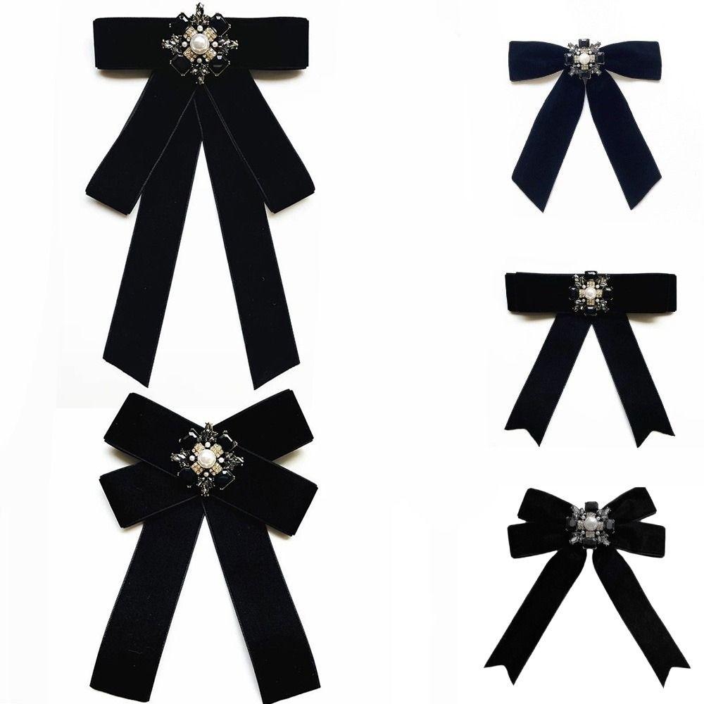 Velvet Memorial Black Bowknot Brooches Crystal Rhinestone Bow Tie Brooches Dress Shirt Accessories