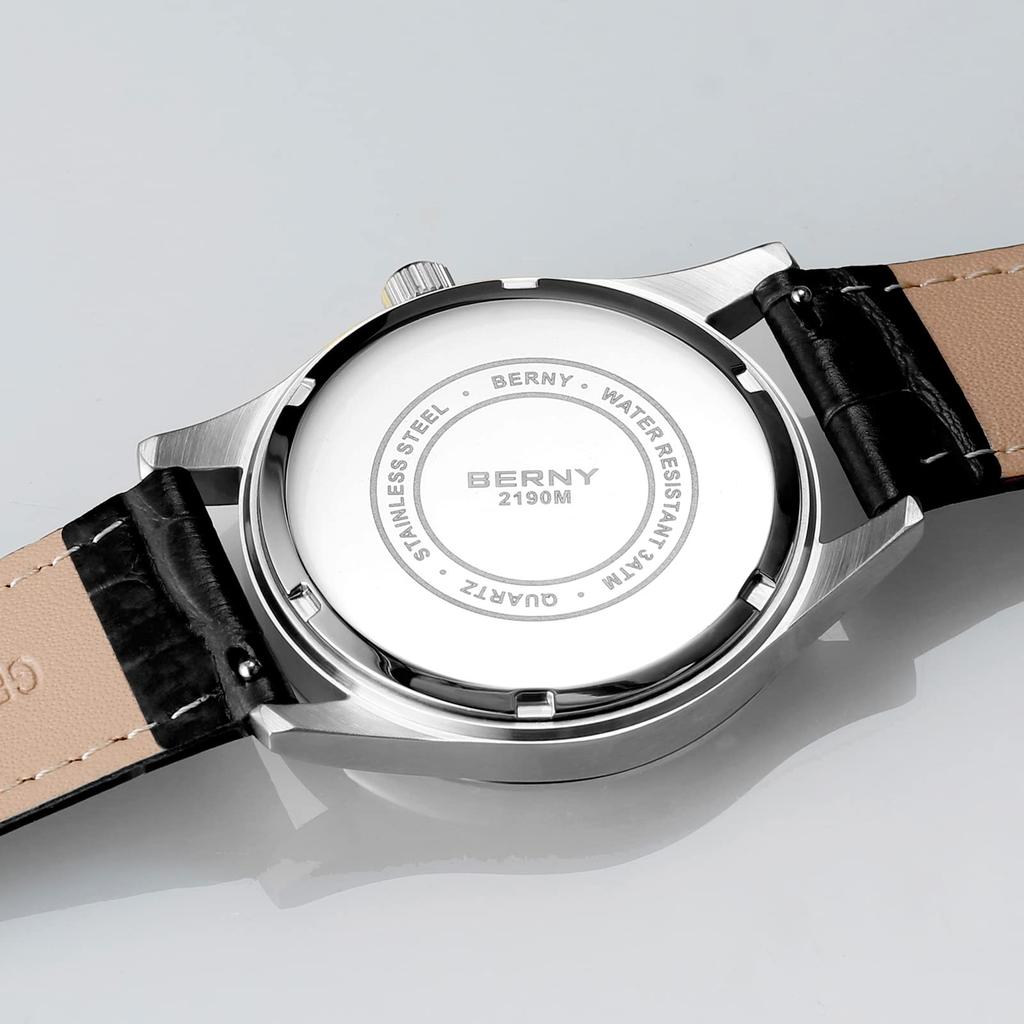 BERNY Multifunctional Quartz Watch Calendar and Moon Phase Watch Stainless Steel Case and Leather Quartz Men's Band, Black, Watch. …