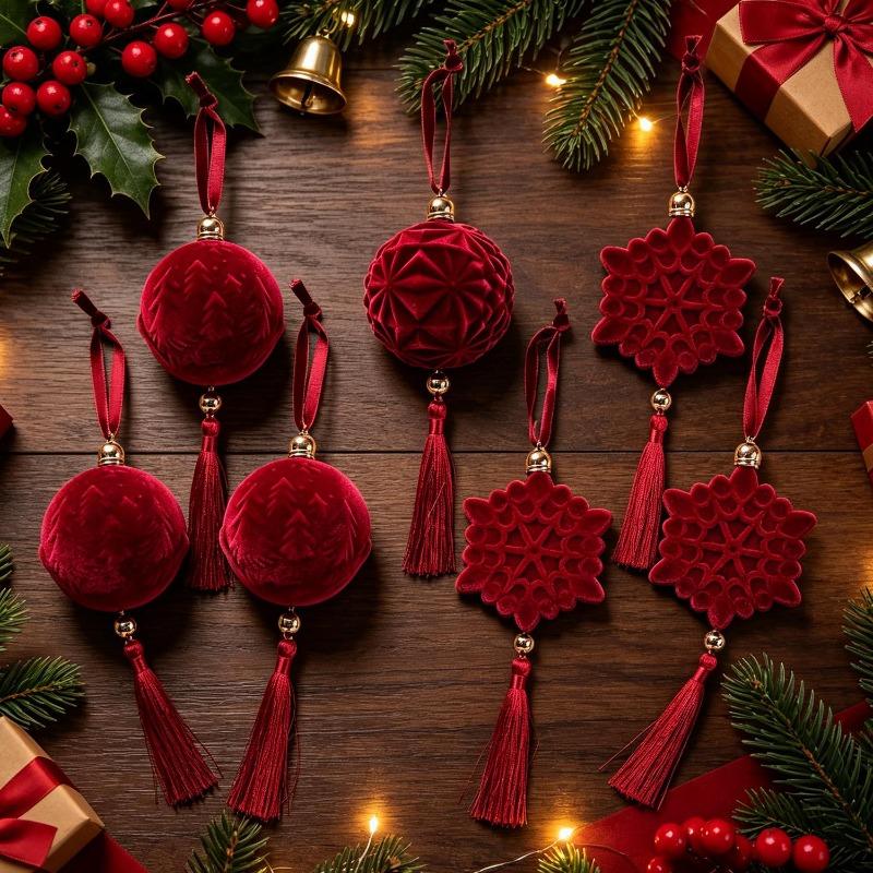 Flocked Christmas Ball Ornaments with Long Tassels Christmas Tree Ornaments Balls New Year Gift Home Party Decoration Supplies